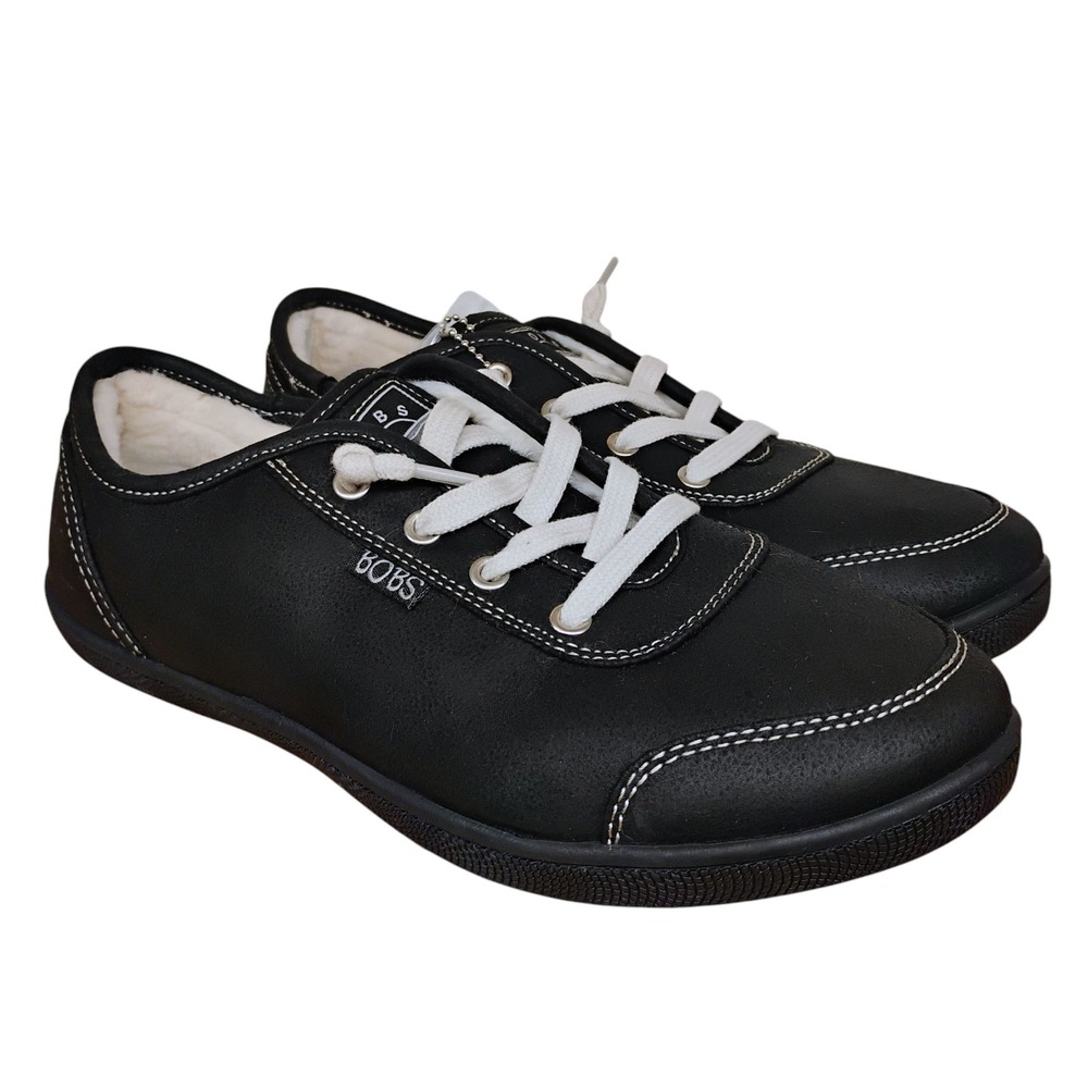 Bobs From Skechers Black B Cute Cozy‎ Kick Faux Fur Lace Up Sneakers W Size 8